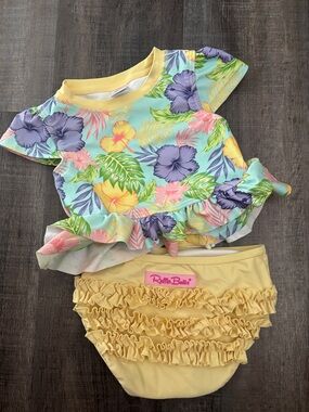 Ruffle Butts Tropical Floral Yellow & Aqua Ruffle Bikini Set